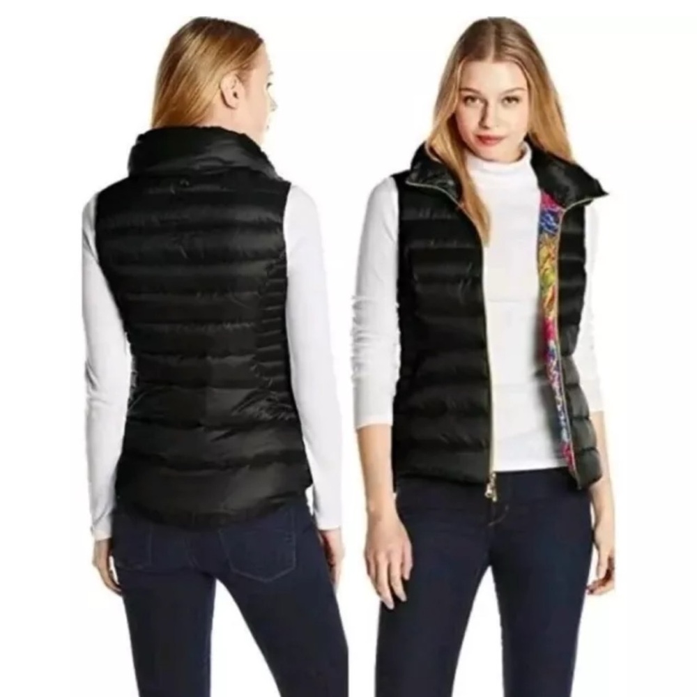 Lilly Pulitzer packable down vest puffer black tropical Liner gold hardware sz S